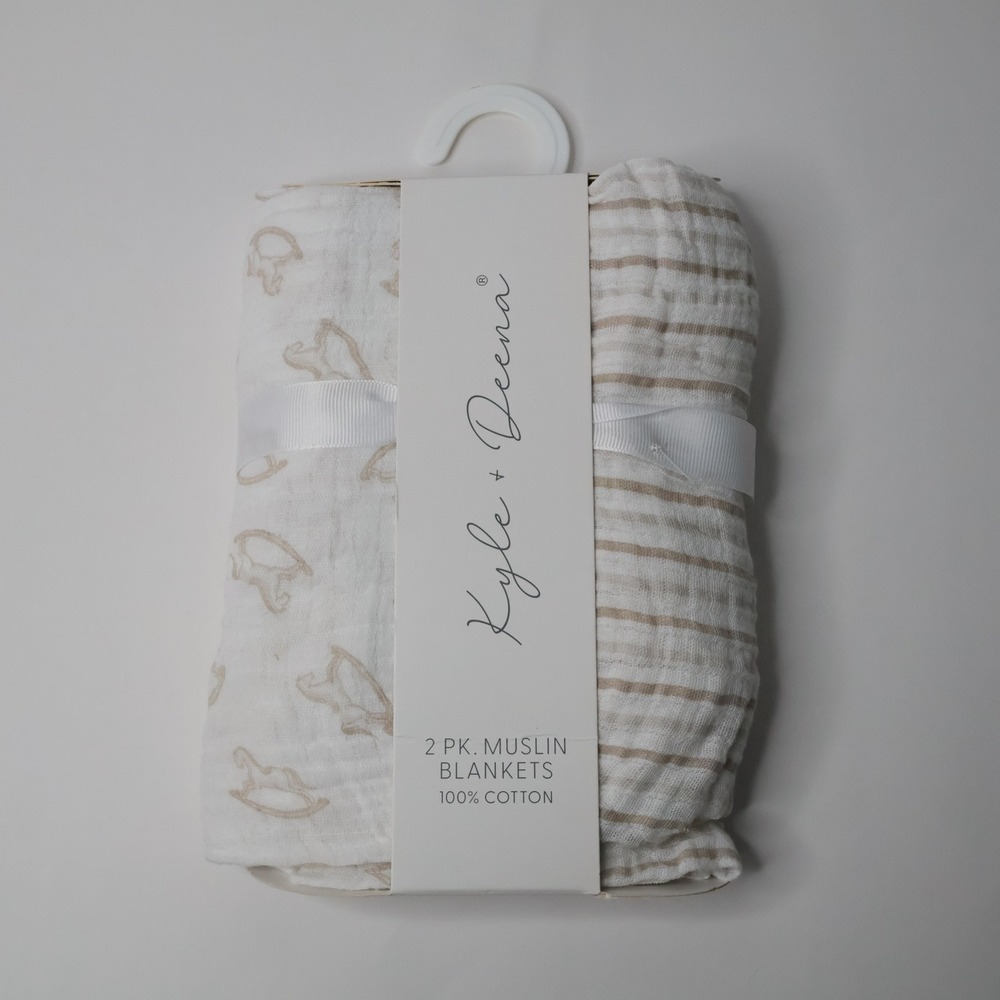 Kyle & Deena 2 Pk Muslin Blankets 100% Cotton Rocking Horse Striped Baby Shower